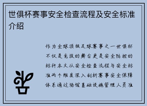 世俱杯赛事安全检查流程及安全标准介绍
