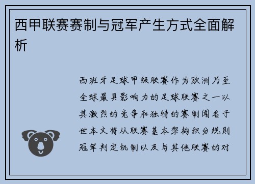 西甲联赛赛制与冠军产生方式全面解析